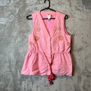 Roopa Pemmaraju Anthropologie Embroidered Beaded Vneck Blouse Medium Pink Cotton